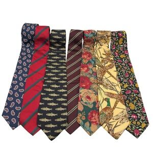 Huntington Mens Silk Necktie Lot of 7 Vintage Paisley Striped Fish Bird Floral